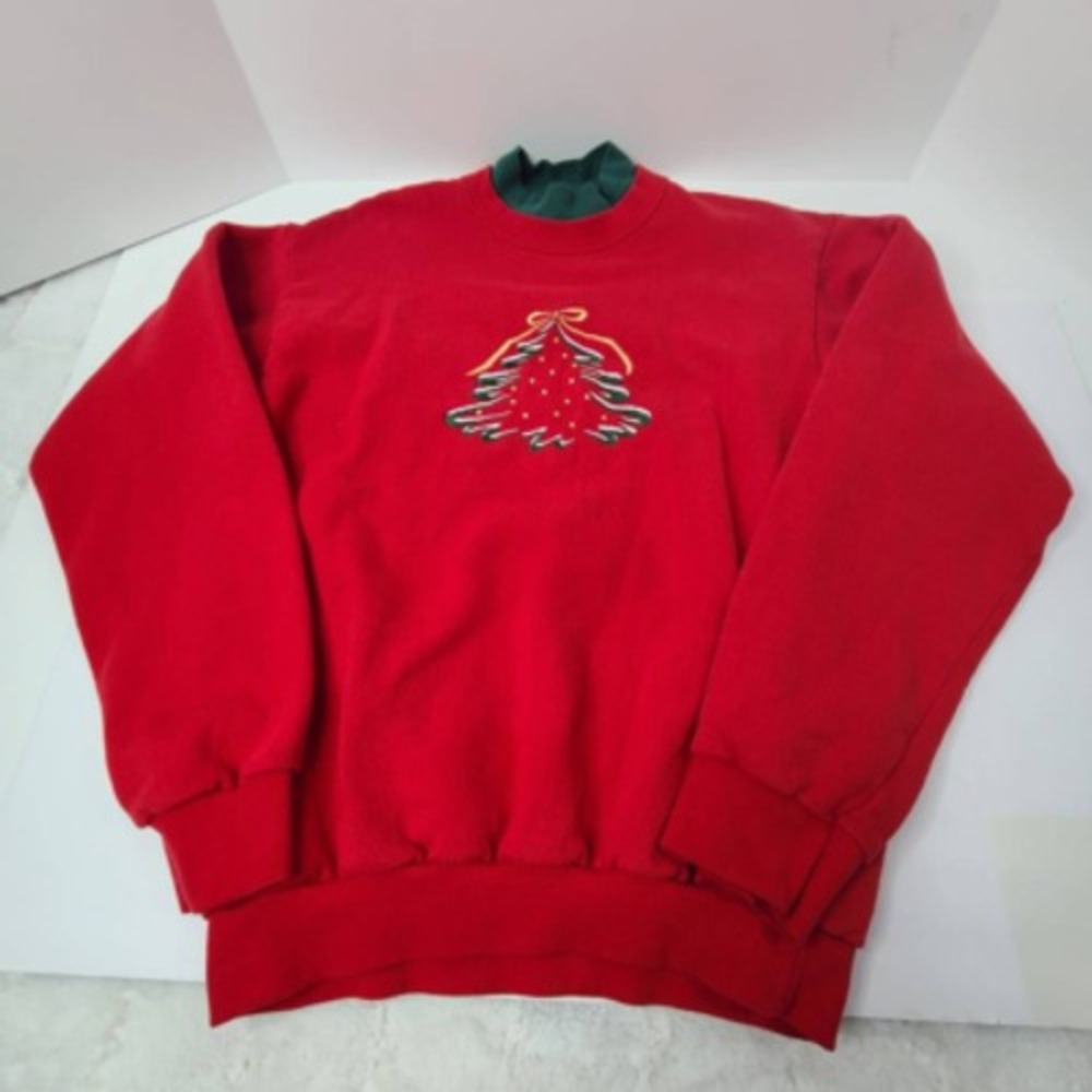 Whitefish Bay Womens Pullover Sweatshirt Red Christmas Tree Long Sleeve USA M